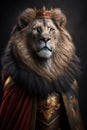 Portrait adult Lion dressed like a king with a crown, Generative AI Royalty Free Stock Photo