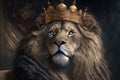 Portrait adult Lion dressed like a king with a crown, Generative AI Royalty Free Stock Photo