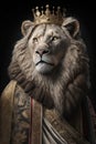 Portrait adult Lion dressed like a king with a crown, Generative AI Royalty Free Stock Photo