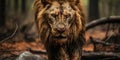 Portrait of adult male lion, Wild animal the nature habitat. Scarred lion face. Generative AI Royalty Free Stock Photo