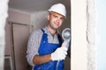 Portrait of adult man worker with circular saw Royalty Free Stock Photo