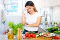 Adult sad latino woman tired of worries at kitchen Royalty Free Stock Photo