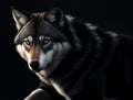 Portrait of adult wolf on dark background, generative ai