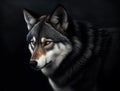 Portrait of adult wolf on dark background, generative ai