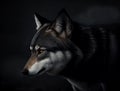 Portrait of adult wolf on dark background, generative ai