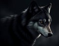 Portrait of adult wolf on dark background, generative ai