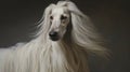A portrait of an Afghan Hound captures the essence of its noble lineage, with a flowing coat, grace