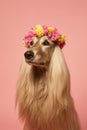 Portrait of an afghanistan hound, with flower wreath on head. Pets, decoration.