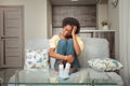 Portrait of African American Black Woman. Depression, headache, loneliness after Royalty Free Stock Photo