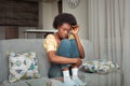 Portrait of African American Black Woman. Depression, headache, loneliness after Royalty Free Stock Photo