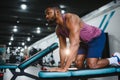 Portrait african american bodybuilder at gym intense intimidating glare expression conviction. Royalty Free Stock Photo