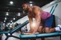 Portrait african american bodybuilder at gym intense intimidating glare expression conviction. Royalty Free Stock Photo