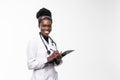 Portrait confident African American female doctor medical white background Royalty Free Stock Photo