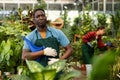 Portrait of an african american gardener watering flowers in a greenhouse Royalty Free Stock Photo