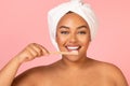 Portrait Of African American Lady Brushing Teeth Over Pink Background Royalty Free Stock Photo