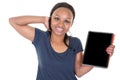 Portrait of African American woman joyful presenting blank empty mock-up screen electronic tablet in white studio background