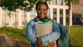 Portrait African American woman schoolgirl teen study university college campus academy student teenager girl high