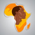 Portrait of an African man on the background of the silhouette of the continent of Africa.