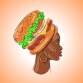 Portrait of an African woman in profile with a cheeseburger hat. Creative drawing of fast food art.