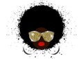 Portrait African Women , dark skin female face with black hair afro and gold metal shiny sunglasses in traditional ethnic style