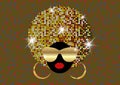 Portrait African Women , dark skin female face with shiny hair afro and gold metal sunglasses in traditional ethnic golden turban