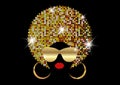 Portrait African Women , dark skin female face with shiny hair afro and gold metal sunglasses in traditional ethnic golden turban