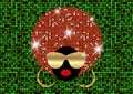 Portrait African Women , dark skin female face with shiny hair afro and gold metal sunglasses in traditional ethnic red turban