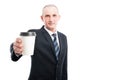 Portrait of aged elegant man showing coffee cup Royalty Free Stock Photo