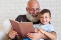 Portrait of aged man sitting in armchair with his grandson and r Royalty Free Stock Photo