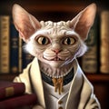 Portrait of an aging sphynx professor`s cat sitting in a university library Royalty Free Stock Photo