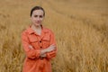 Portrait Agronomist farmer with digital tablet computer in wheat field. Royalty Free Stock Photo