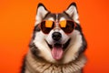 Portrait Alaskan Malamute Dog With Sunglasses Orange Background