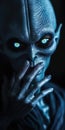 Portrait of an alien. Evil UFO demon. Diabolical creepy face. Whispering fingers.