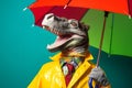 Portrait of an alligator or crocodile wearing a raincoat and an umbrella in studio, colorful background. Autumn concept.