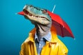 Portrait of an alligator or crocodile wearing a raincoat and an umbrella in studio, colorful background. Autumn concept.