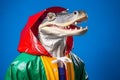 Portrait of an alligator or crocodile wearing a raincoat and an umbrella in studio, colorful background. Autumn concept.