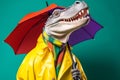 Portrait of an alligator or crocodile wearing a raincoat and an umbrella in studio, colorful background. Autumn concept.