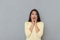 Portrait of amazed astonished young woman with opened mouth