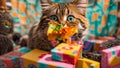 Portrait amazed cute cat, gift box creative emotions amazement excitement madness