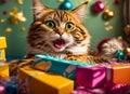 Portrait amazed cute cat, gift box creative look emotions amazement excitement madness