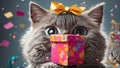 Portrait amazed cute cat, gift box creative emotions amazement excitement