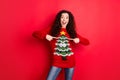 Portrait of amazed funny funky crazy girl point at her seasonal comfort jumper pullover recommend her sweater with