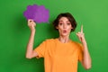 Portrait of amazed intelligent girl hold paper cloud shape card point finger brilliant idea isolated on green color Royalty Free Stock Photo