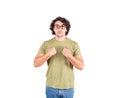 Portrait of amazed and perplexed man pointing index fingers to himself, looking confused to camera isolated on white background.