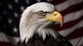 Portrait of an American bald eagle in front of an American Flag, 4th of July, Veterans Day, Generative AI Royalty Free Stock Photo