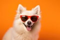Portrait American Eskimo Dog Dog With Sunglasses Orange Background