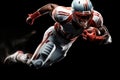 Portrait of American football player running with the ball. Muscular athlete in a white and red uniform with an ovoid Royalty Free Stock Photo