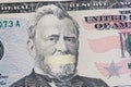 Portrait of the American leader Ulysses Grant with mouth glued on the banknote of fifty dollars USA