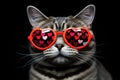 Portrait American Shorthair Cat With Heart Shaped Sunglasses Black Background