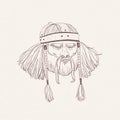 Portrait of ancient warrior with beard and braids hand drawn with contour lines on light background. Drawing of head of